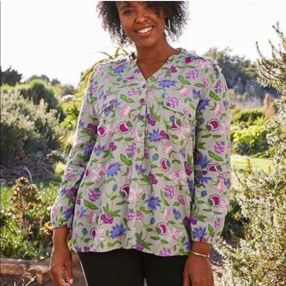 Matilda Jane Tops - Matilda Jane Thinking Out Loud Floral Henley Blouse Gray Purple XXL Rayon Boho